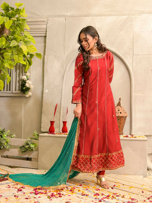 Ruby's Couture Poshak Silk Embellished Stitched 3-Piece Suit-Maharani