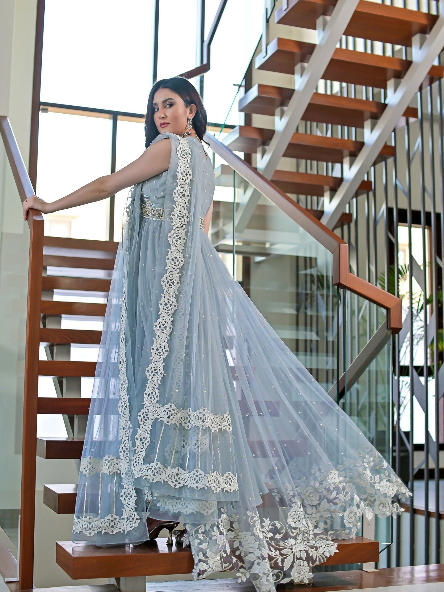 Farooq Hameed Studio Net Embellished Stitched 3-Piece Suit-Laira
