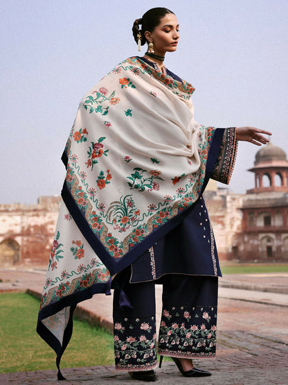 Jugnu By Hussain Rehar Khaddar'25 Embroidered Unstitched 3-Piece Suit-Navi