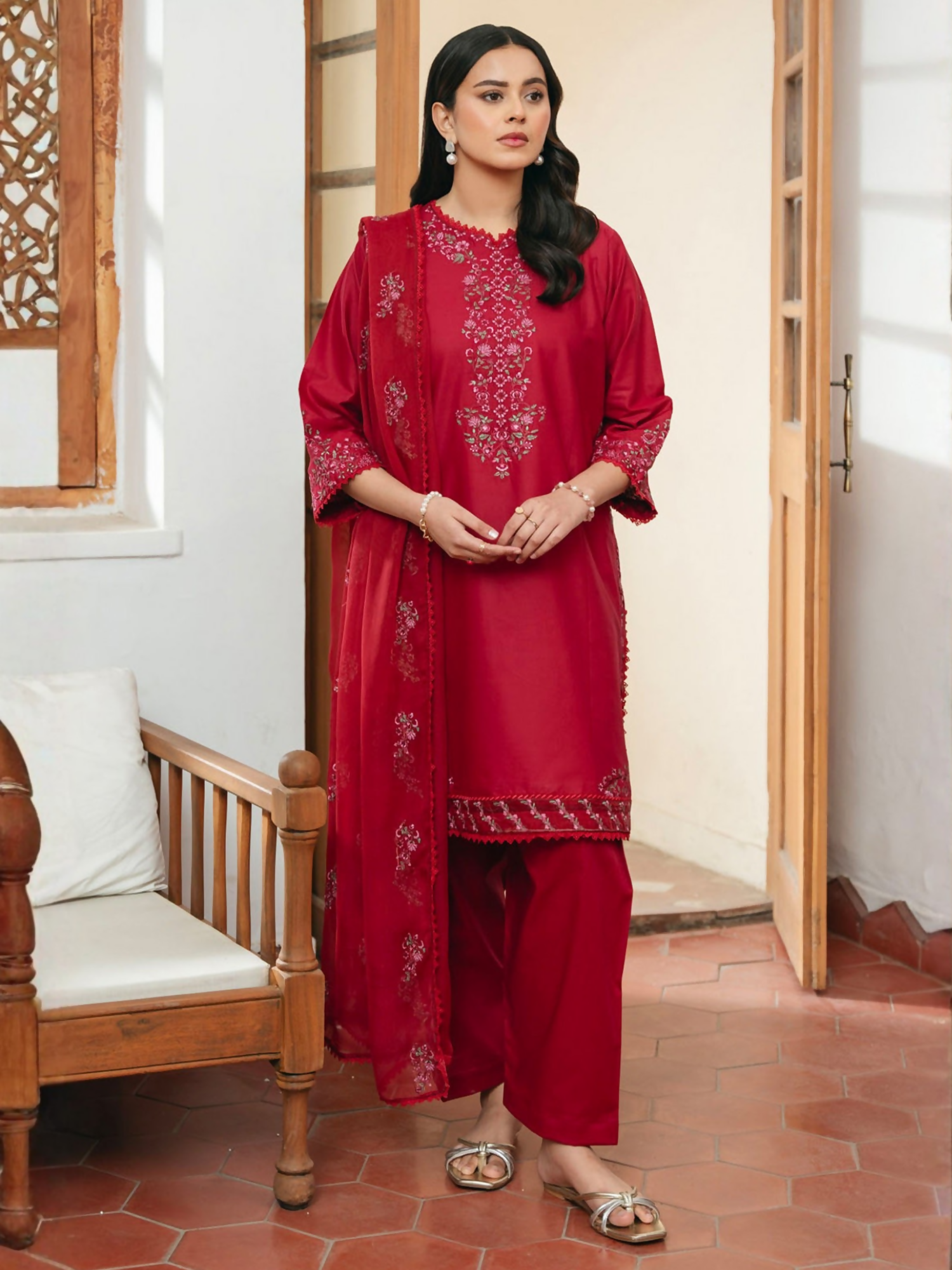 Mannat Clothing Lawn Embroidered Stitched Suit-Carmine