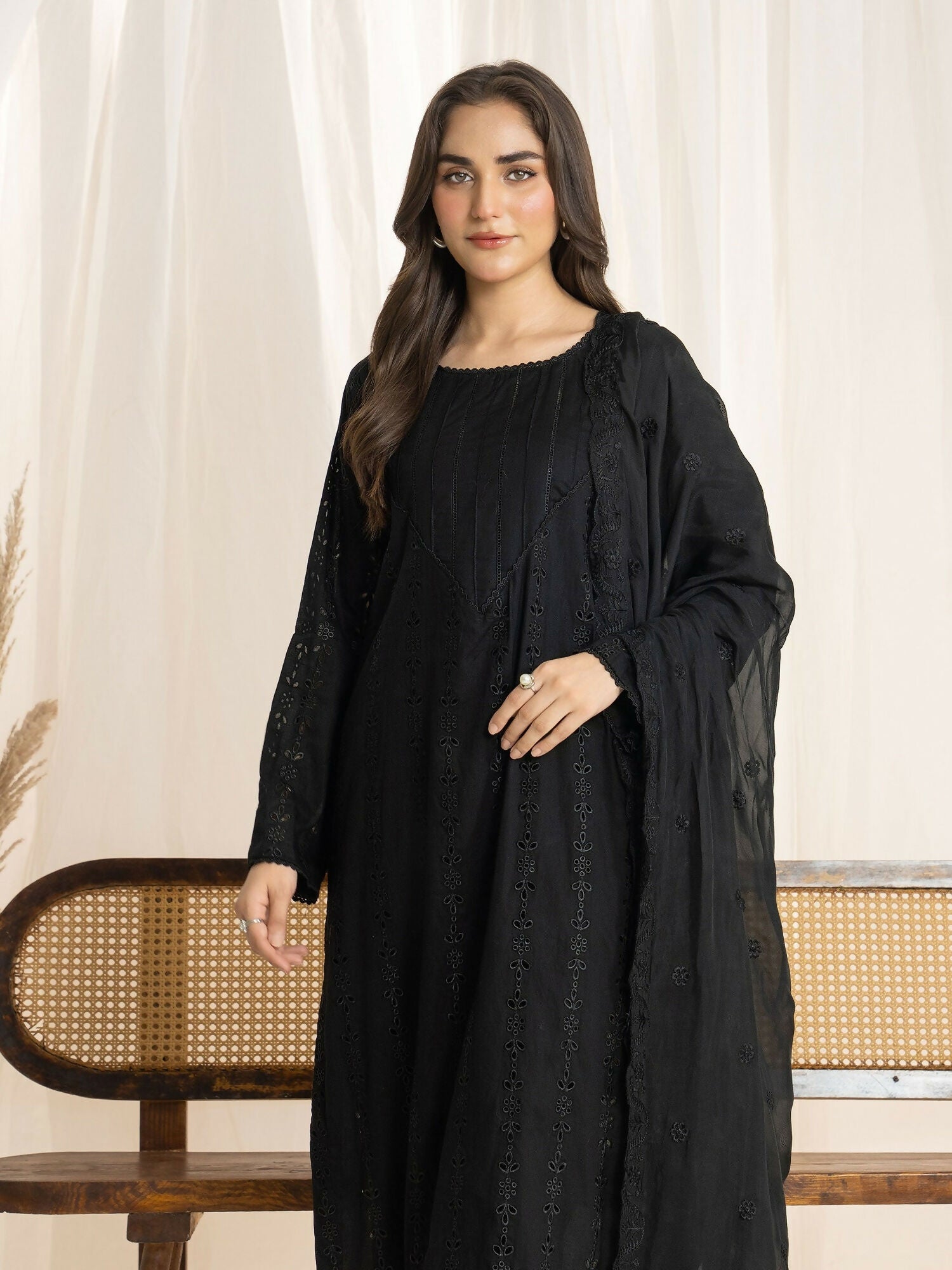Panache Apparel Monochrome Tales Cotton Lawn Embroidered Stitched Suit-Classic Noir