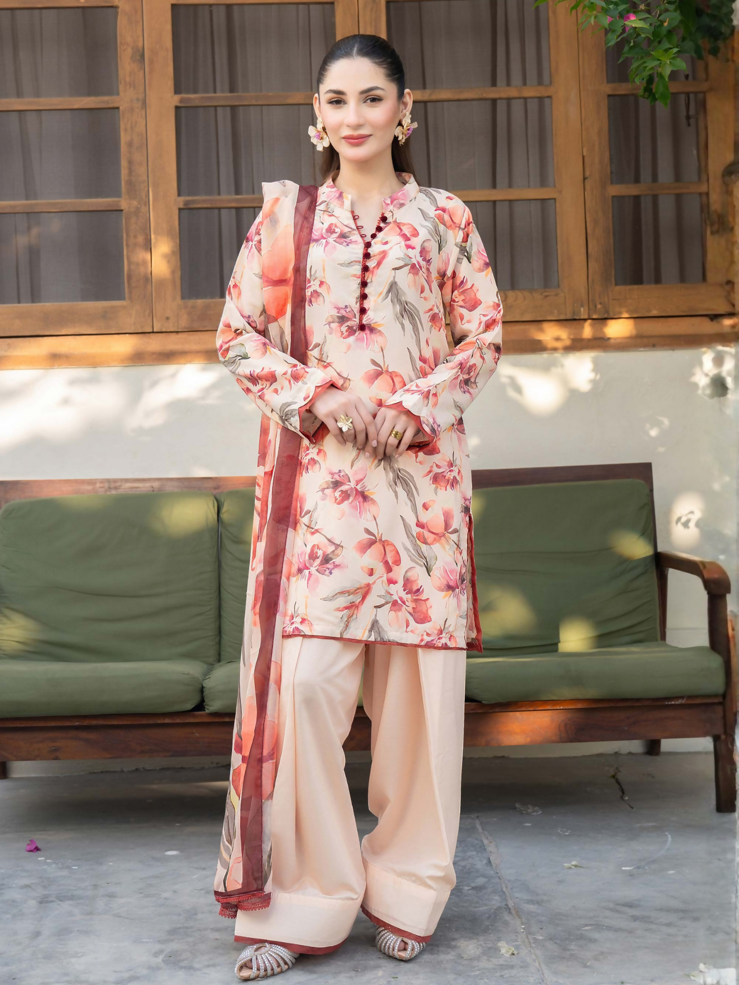 Panache Apparel Mah-e-Noor Rawsilk Printed Stitched Suit-Coral Blush