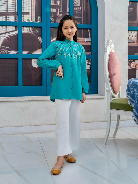 Teal Blue Velvour Girls Embroidred Co-ord Set-VG122-A
