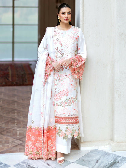 Stitched 3-piece suit from Mahnur Sophie Luxury Lawn with embroidered shirt, embroidered dupatta, and dyed trouser.