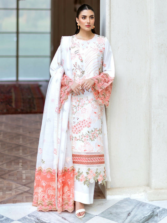 Stitched 3-piece suit from Mahnur Sophie Luxury Lawn with embroidered shirt, embroidered dupatta, and dyed trouser.