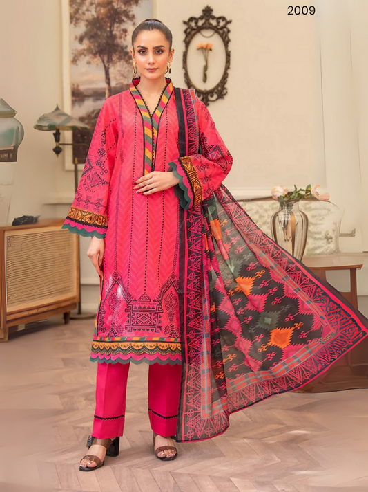 Fuchsia unstitched 3-piece lawn suit by Sitara Studio featuring geometric printed shirt, dyed trouser, and digital printed contrasting dupatta.