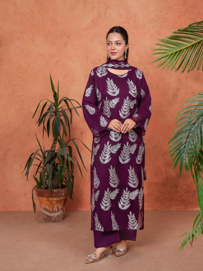 Stylish Collection Majeste Crinkle Chiffon Embroidered Stitched 3-Piece Suit-Zirwah Purple