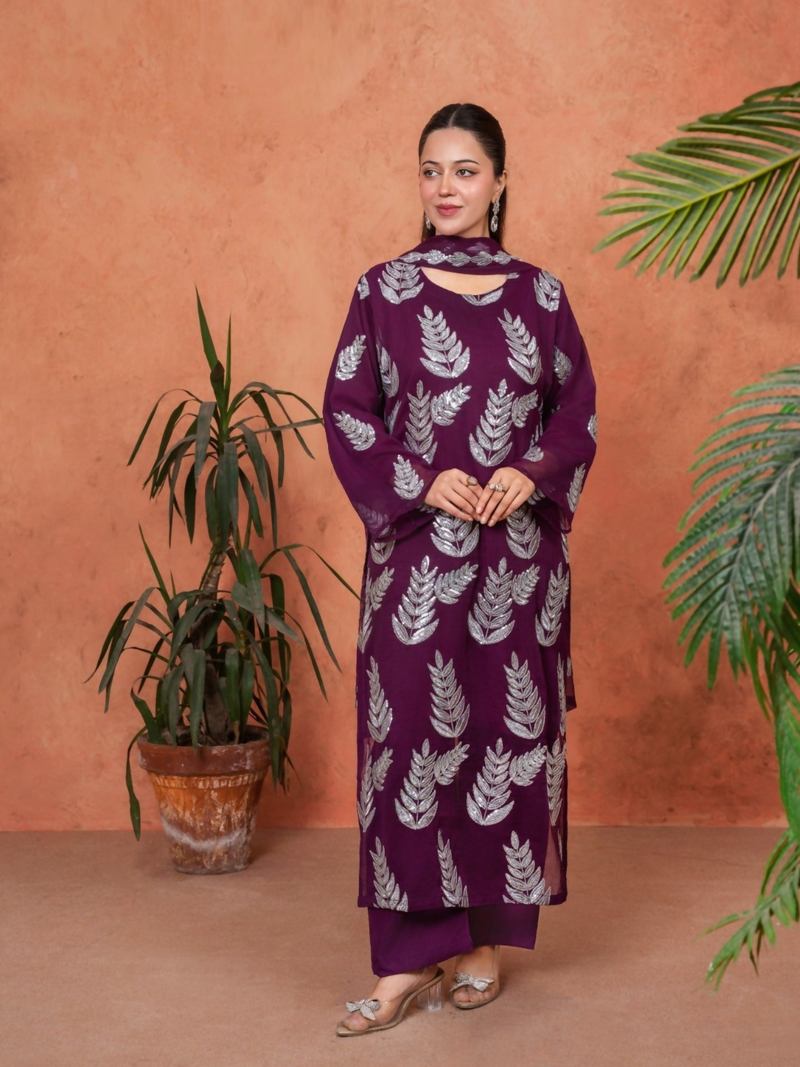 Stylish Collection Majeste Crinkle Chiffon Embroidered Stitched 3 Piece Suit Zirwah Purple