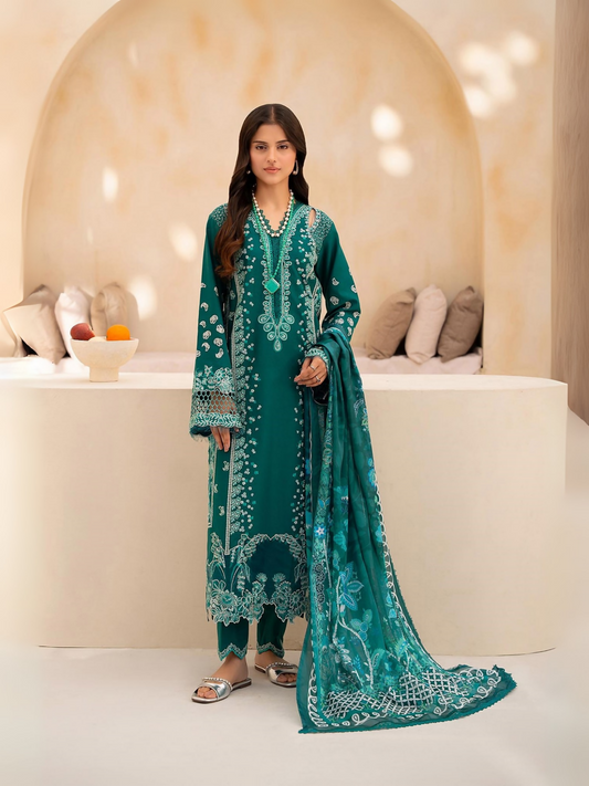 RajBari RINA 5-A teal embroidered 3-piece unstitched lawn suit with silk dupatta