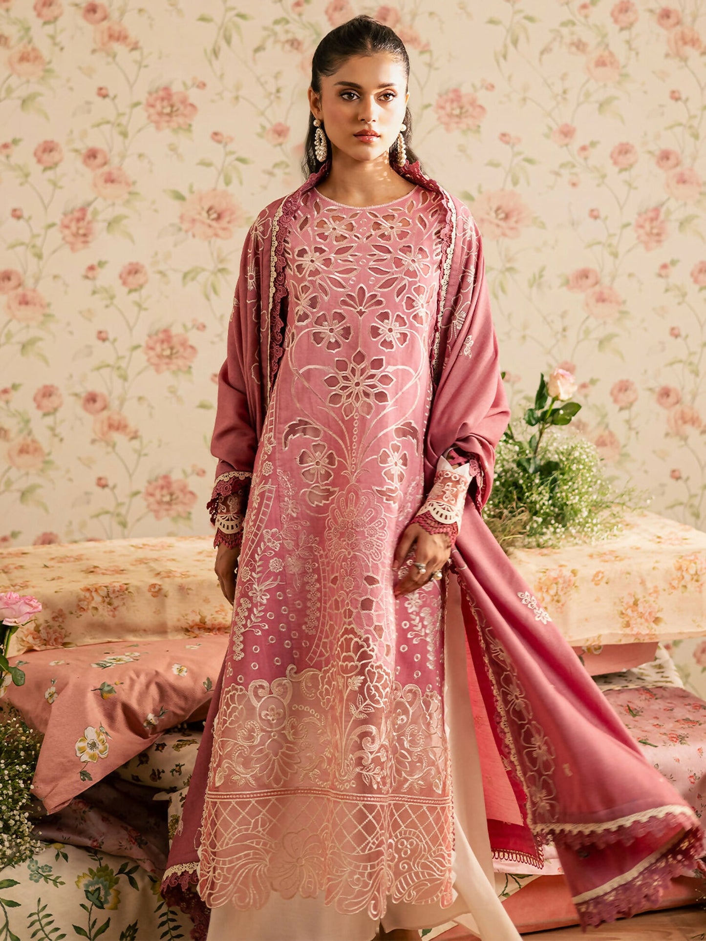 Mahnur Kaia Slub Linen Embroidered Stitched 3-Piece Suit-K- 13