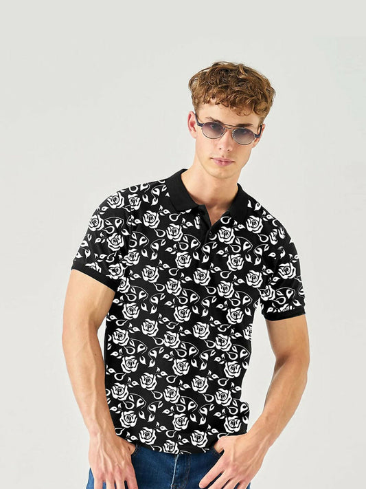 Men's floral print cotton polo shirt in pique Lacoste knit with matching knit collar, cuff grip rib sleeves, and button placket, breathable for hot weather.