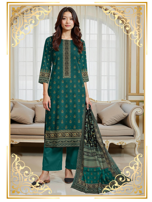 Girl standing in an unstitched 3-piece suit with premium printed lawn shirt, slub voile dupatta, and dyed cotton trouser, tailored for relaxed yet refined style.