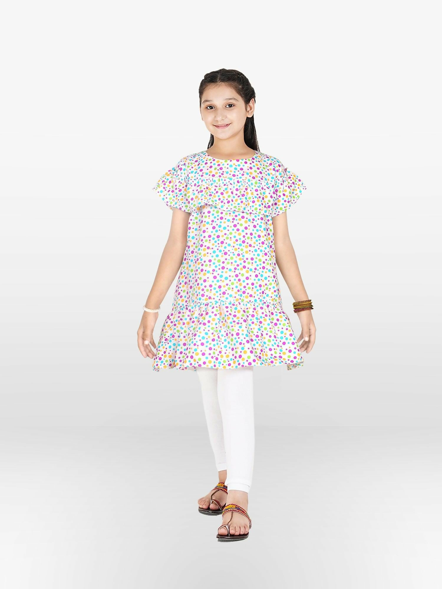 White and Multi Velvour Girls Printed Stitched Kurti Tunic-VG99-A