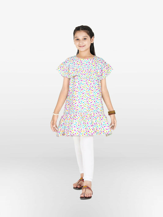 White and Multi Velvour Girls Printed Stitched Kurti Tunic-VG99-A