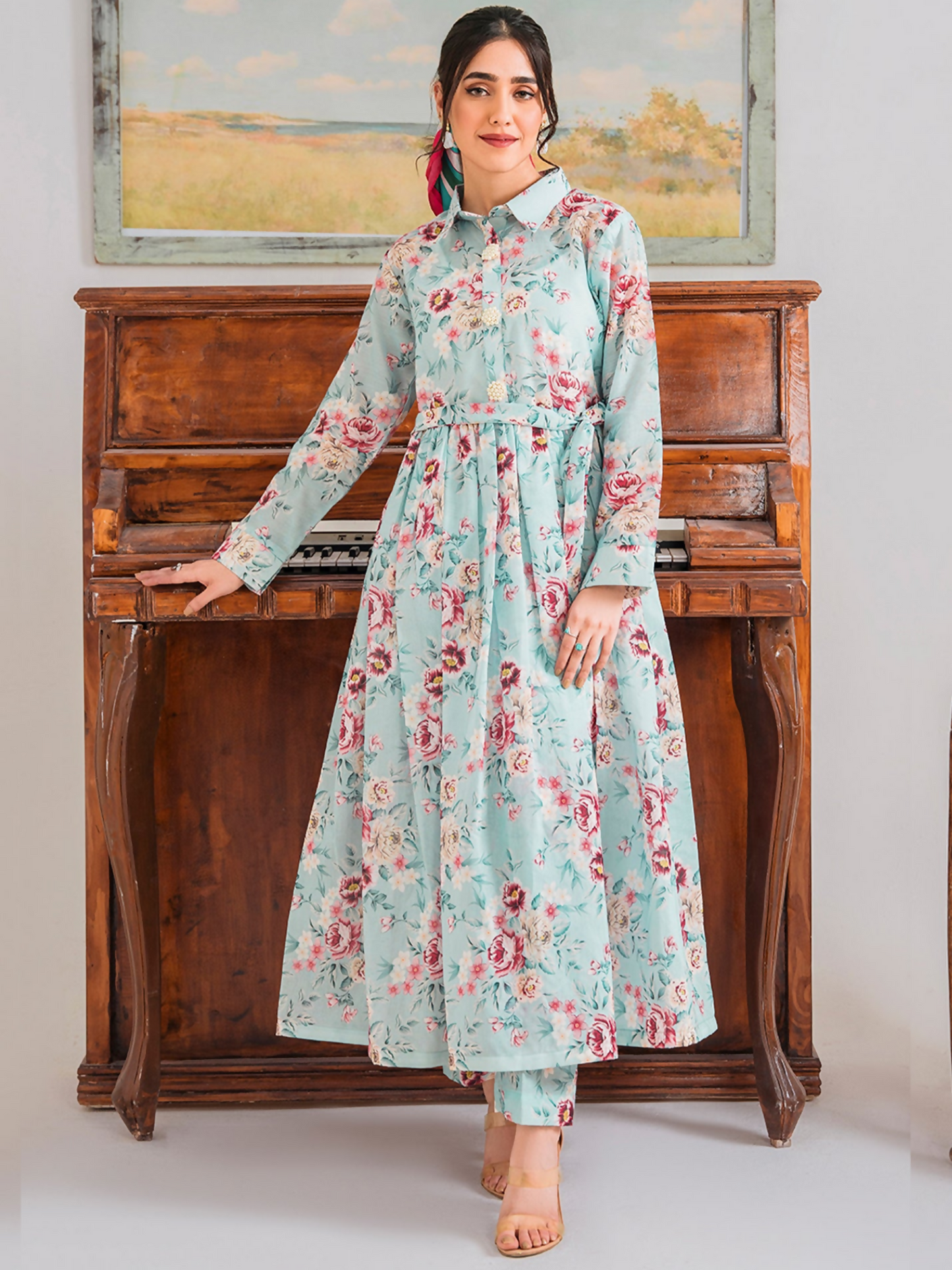 Panache Apparel Chambray Katan Printed Stitched 2-Piece Suit-Camellia