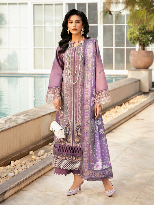 Bin Ilyas unstitched 3-piece suit with dyed lawn embroidered front, organza motifs, printed silk dupatta, and dyed cotton trouser