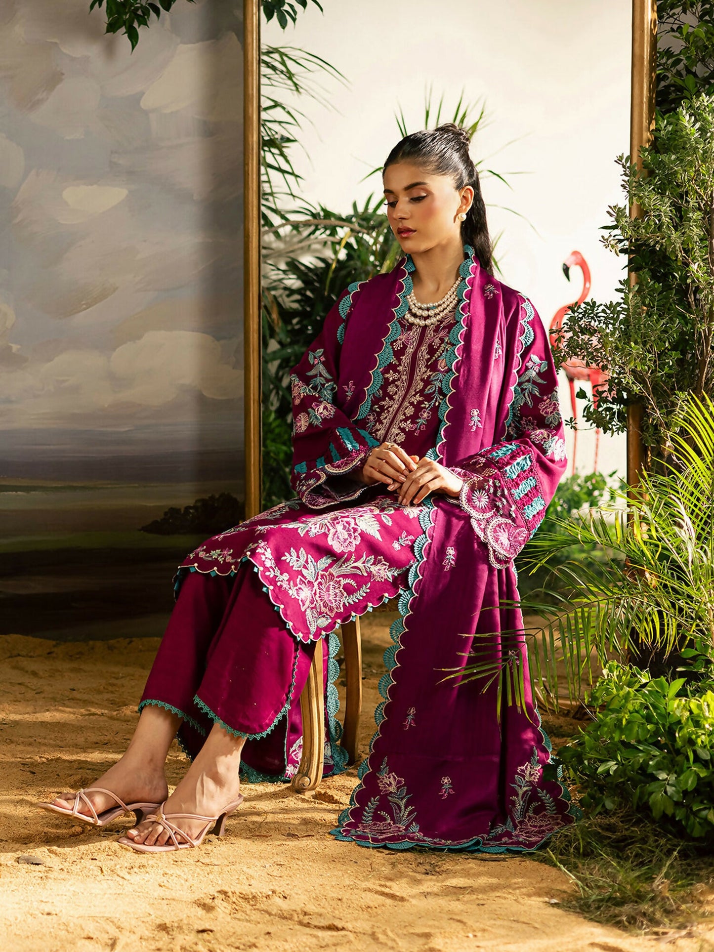 Mahnur Kaia Slub Linen Embroidered Stitched 3-Piece Suit-K- 09