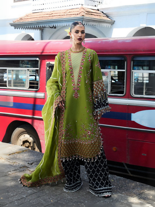 Olive Green Hussain Rehar Luxury Lawn Embroidered Unstitched 3-Piece Suit-Abbas