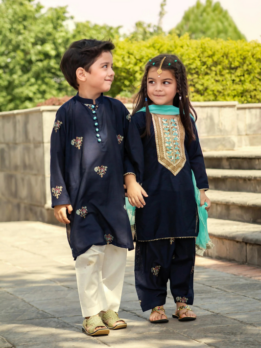 Kidoz Kloset Cotton Silk Printed Kurta Pajama-Stary Night