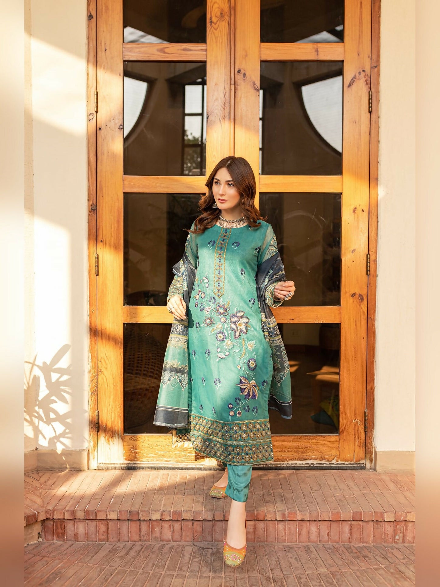 Panache Apparel Organza Net Embroidered Stitched Suit-Misty