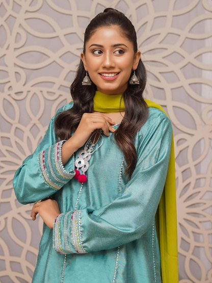 Kidoz Kloset Rang Rasiya Cotton Silk Embroidered Stitched 3-Piece Suit-Ocean Breeze-Women