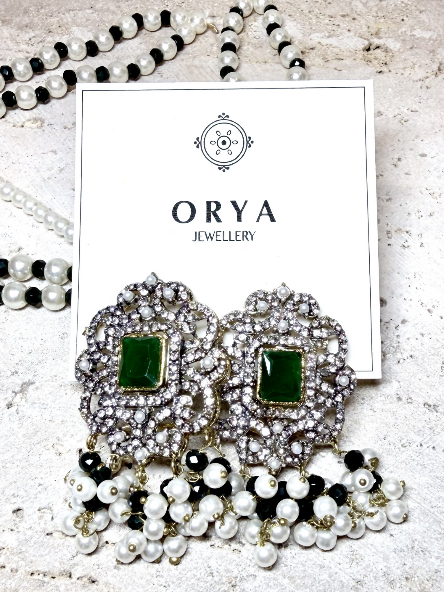 Orya Jewellery Zircon Pearl Maang Necklace Earrings Set-Emerald Green S13