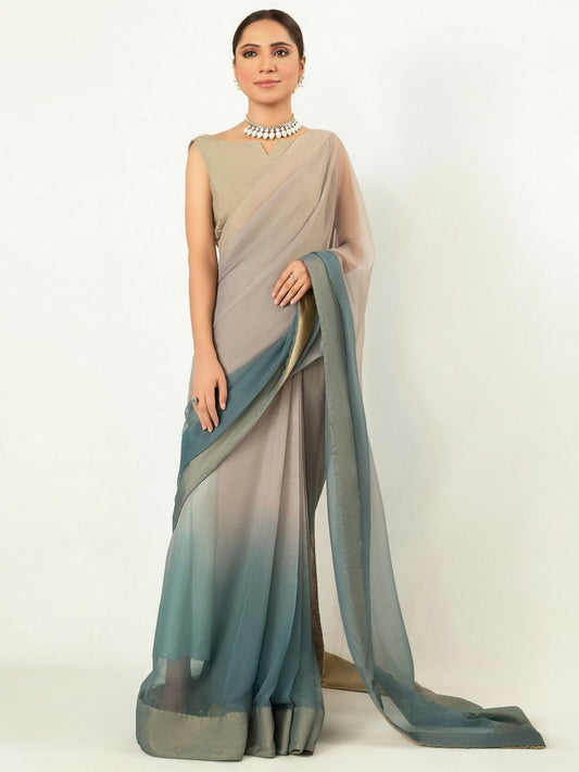 Imran Aftab Chiffon Printed Stitched Saree-IASC 02-Green and Beige