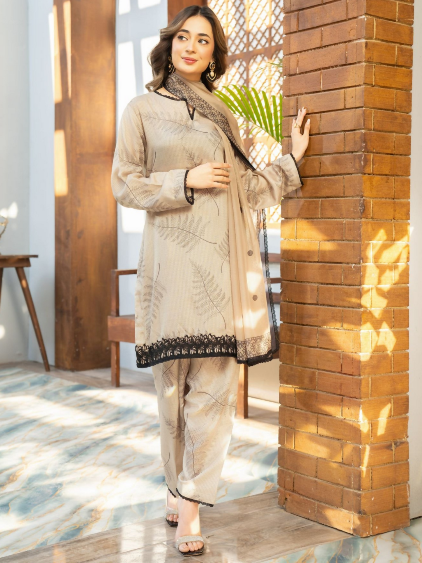 Panache Apparel Fiona SS'25 Dobby Lawn Printed Stitched Suit-Dune