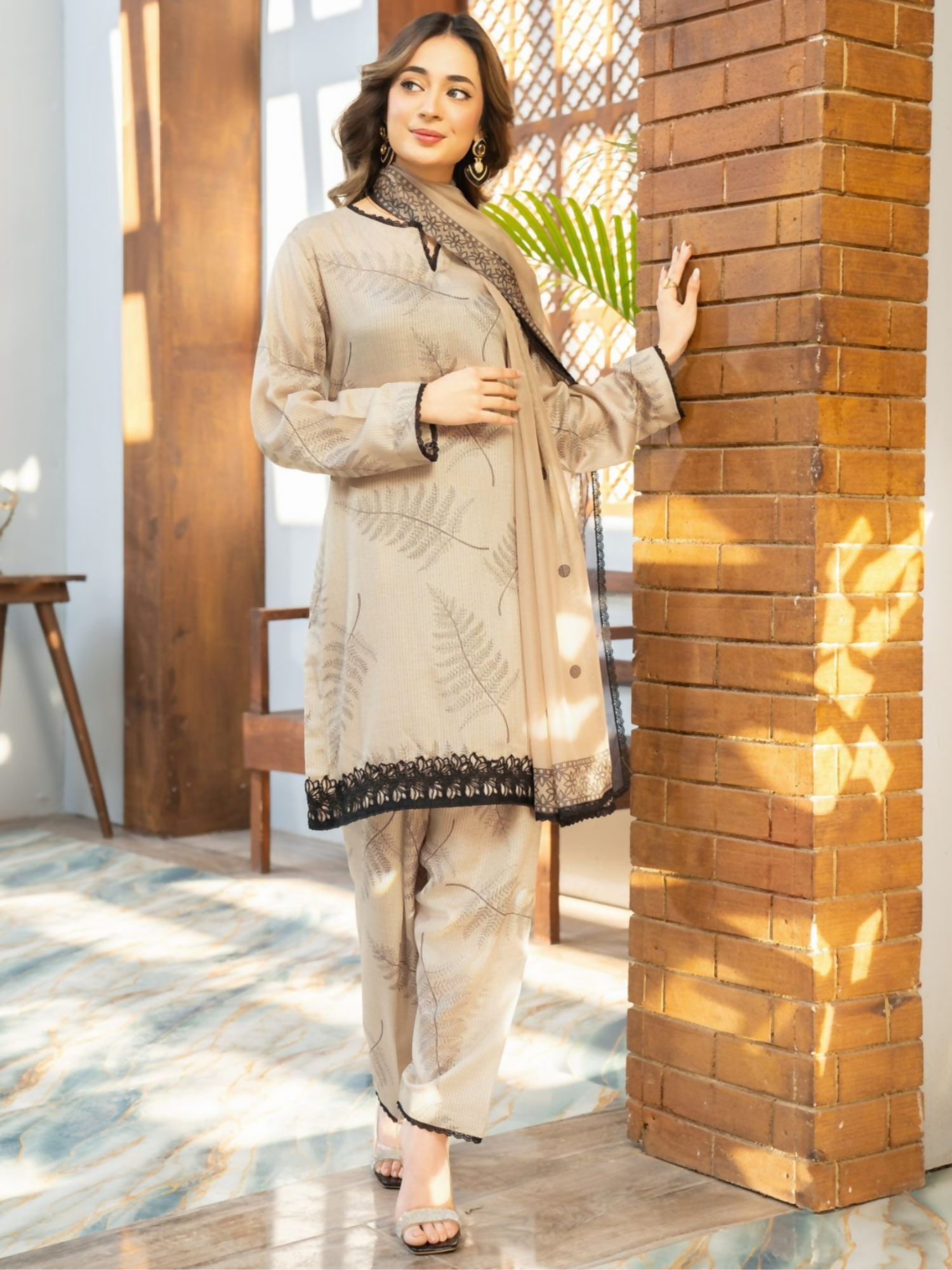 Panache Apparel Fiona SS'25 Dobby Lawn Printed Stitched Suit-Dune