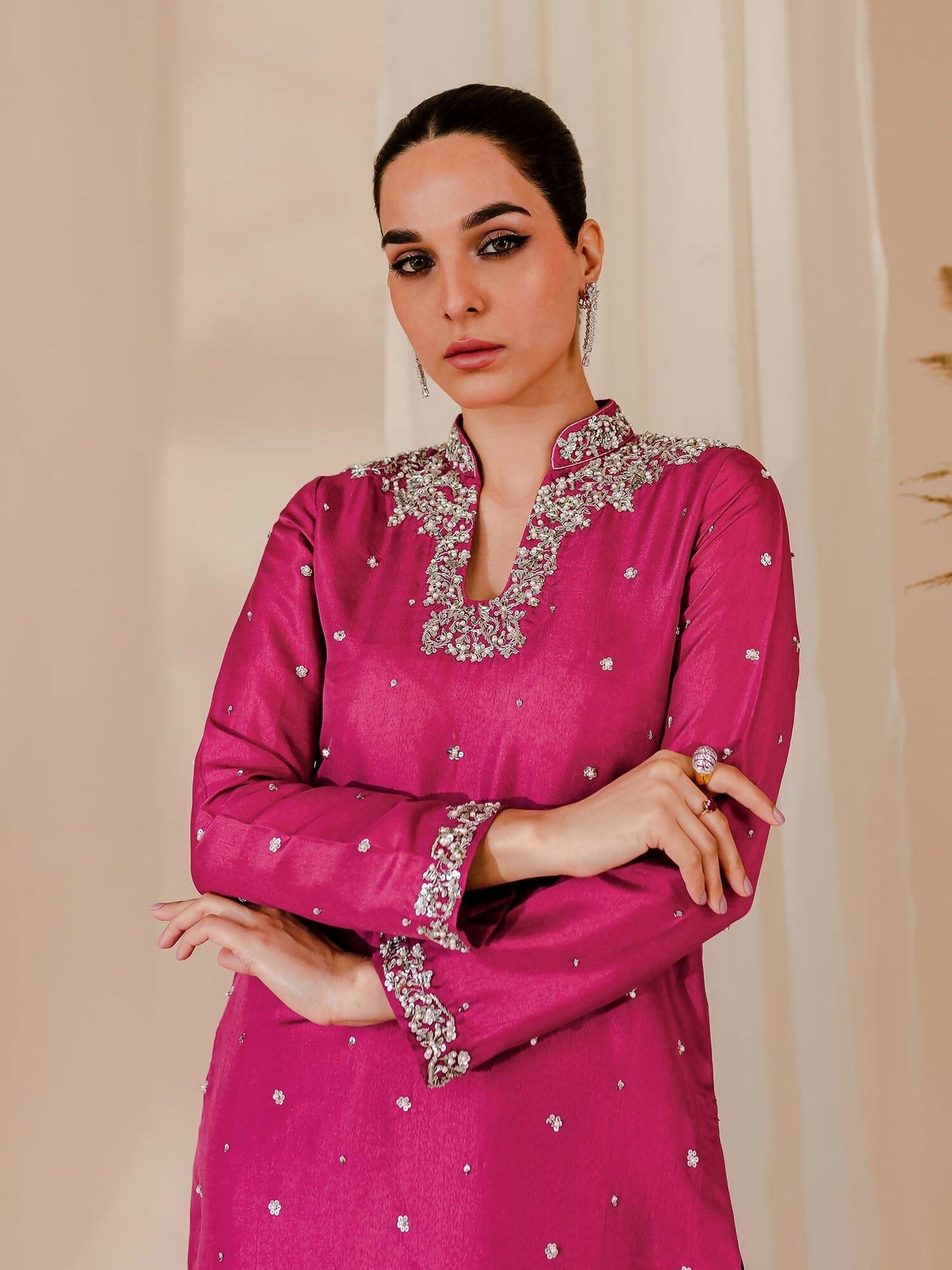 Allure By IH Raw Silk Embellished Stitched 3-Piece Suit-Rosette
