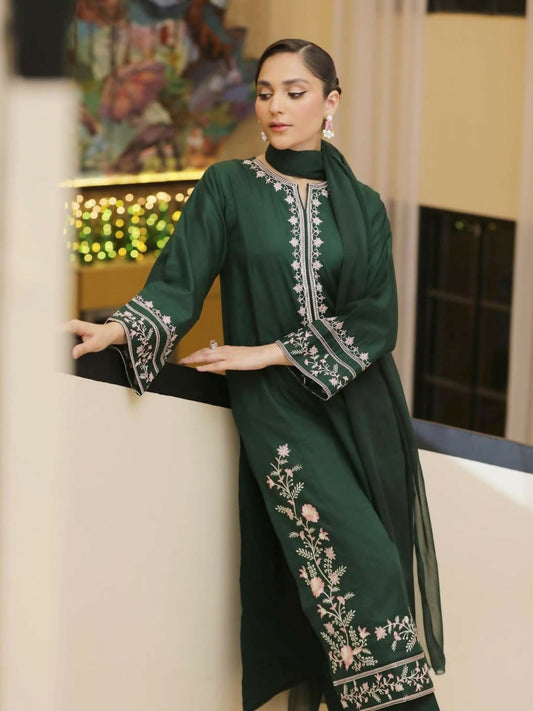 Stitched 2-piece lilen suit with embroidered long shirt and plain trouser from Tehzeeb Libas