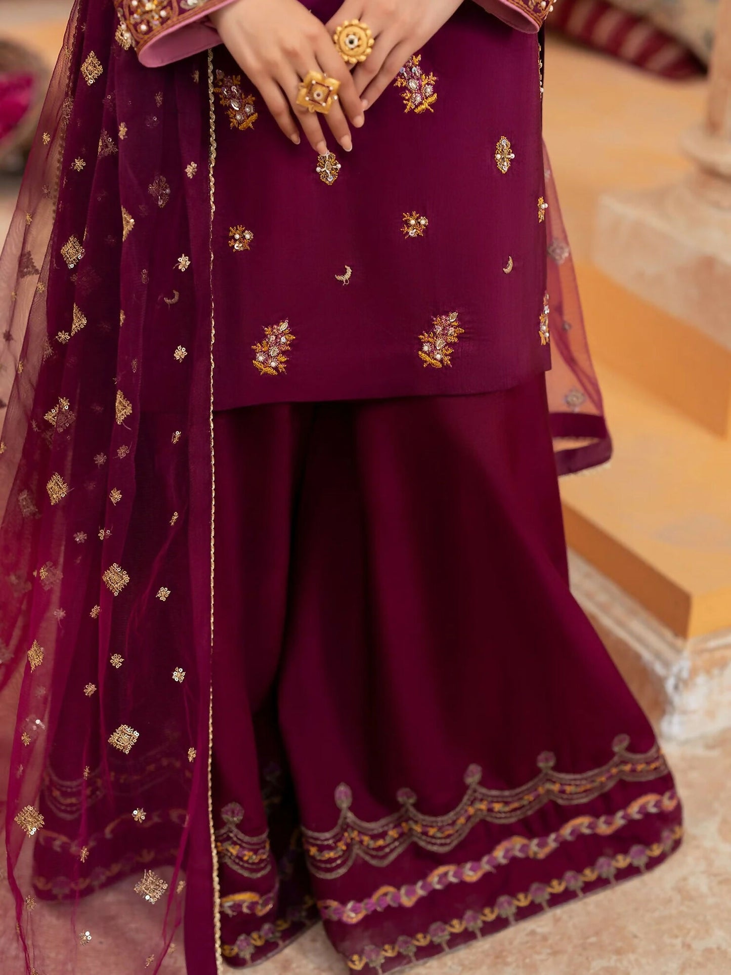 Shurooq Kanpur 1912 Silk Embellished Stitched 3-Piece Suit-Nehel