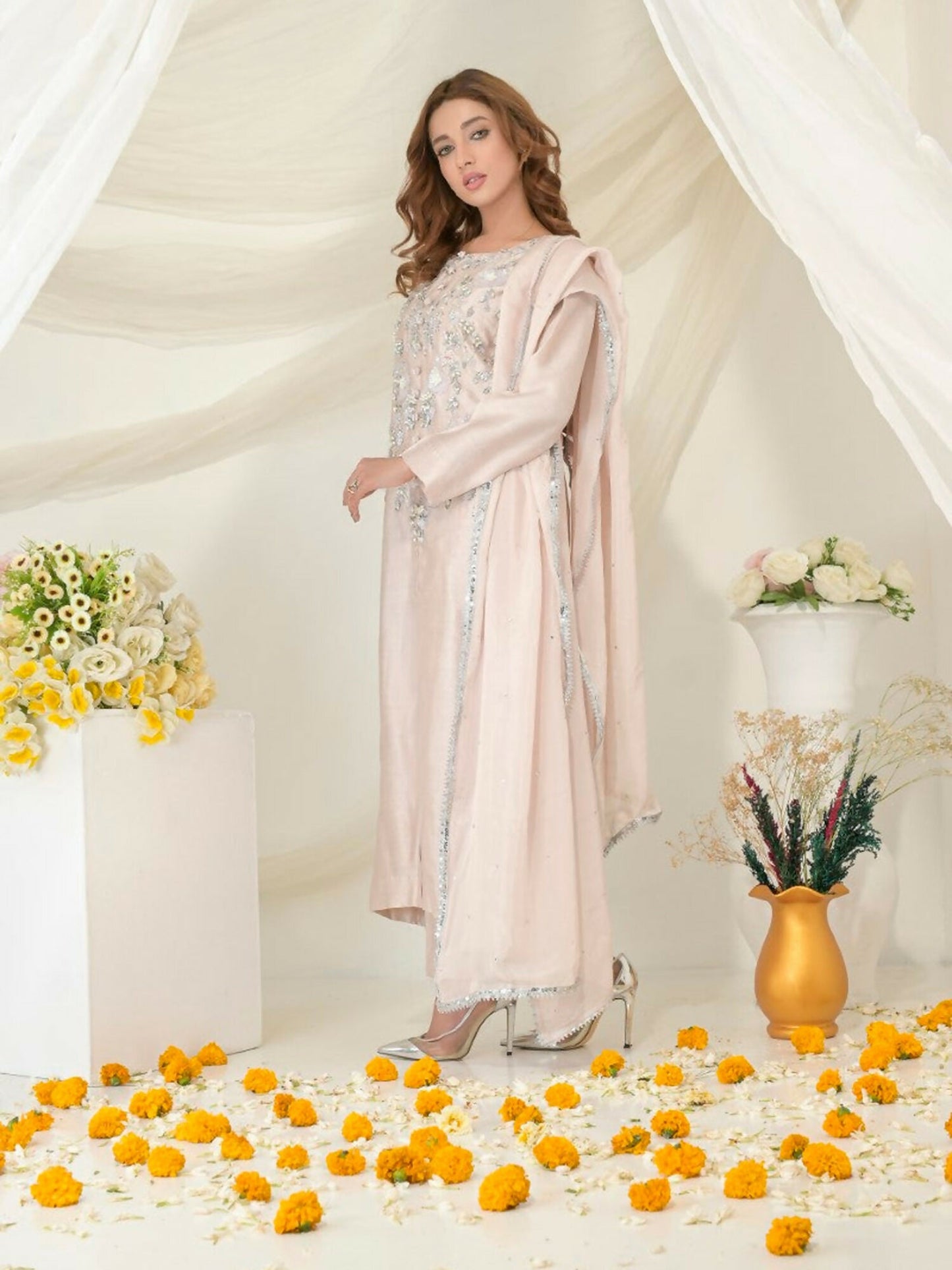 Ruby's Couture Gul-Bahar Khadi Embroidered Stitched 3-Piece Suit-Doodh Dulari