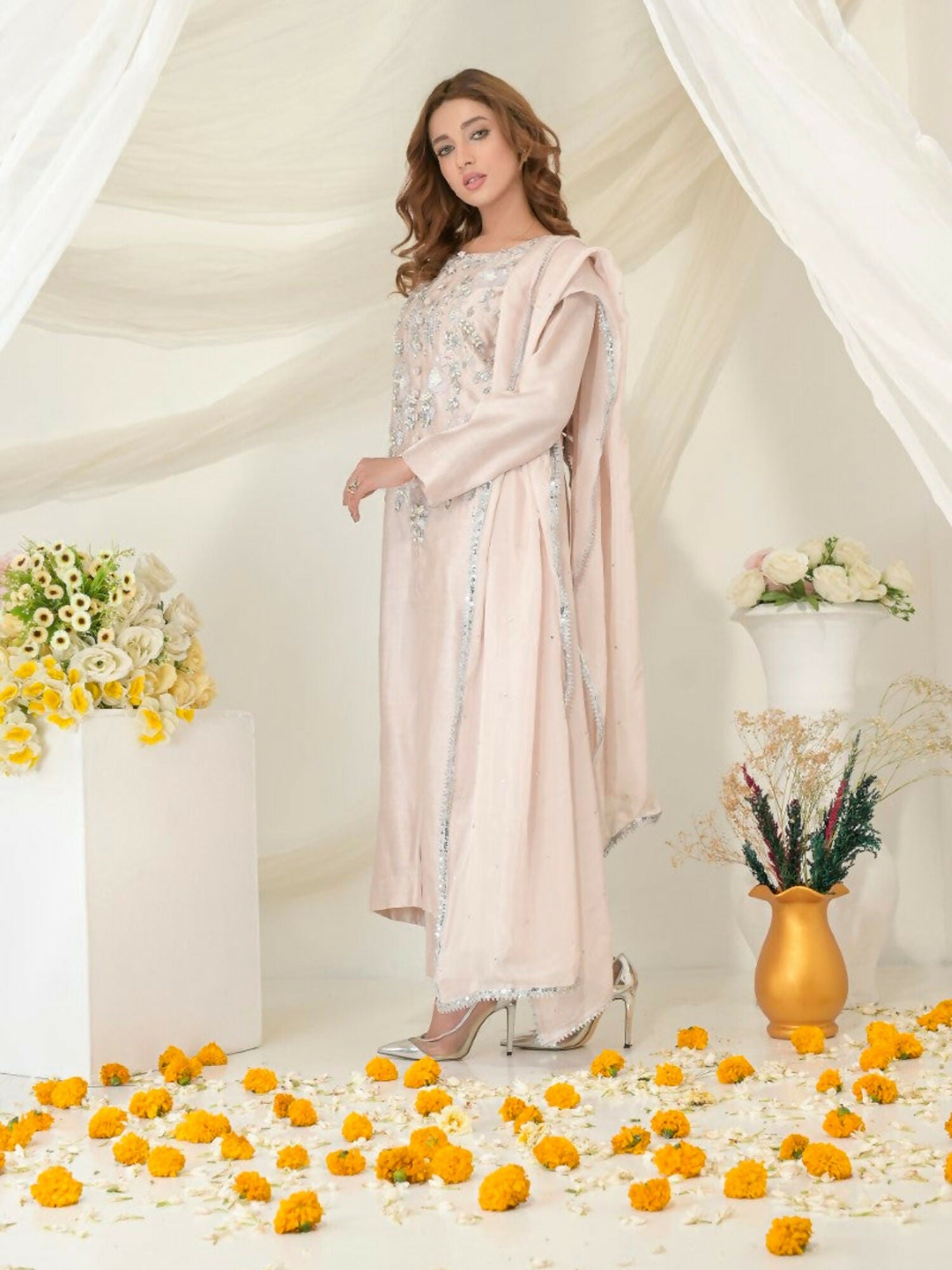 Ruby's Couture Gul-Bahar Khadi Embroidered Stitched 3-Piece Suit-Doodh Dulari