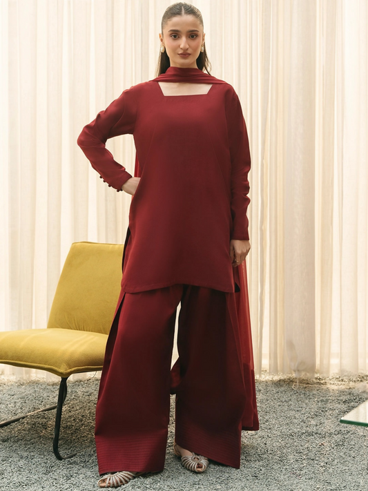 Mannat Clothing Suave Edit Raw Silk Stitched Suit-Claret