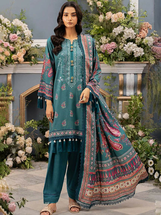 Mausummery unstitched 3-piece suit with digital printed Linen Doria shirt and dupatta, paired with dyed linen trouser for a graceful winter look.