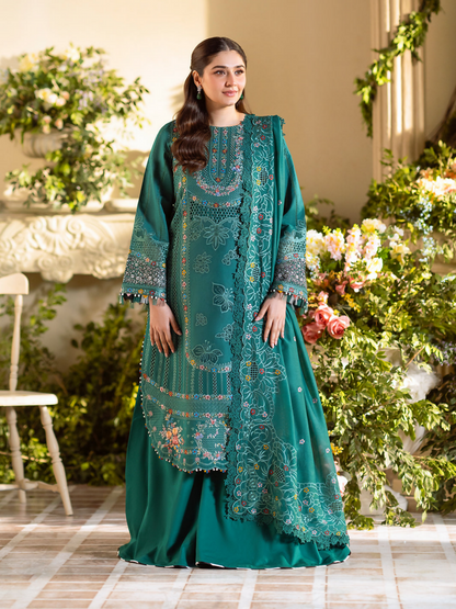 Classic borer and laser-embroidered lawn suit with front and sleeve motifs, embroidered cotton mix dupatta, and dyed cotton trouser for a graceful finish.