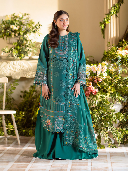 Classic borer and laser-embroidered lawn suit with front and sleeve motifs, embroidered cotton mix dupatta, and dyed cotton trouser for a graceful finish.