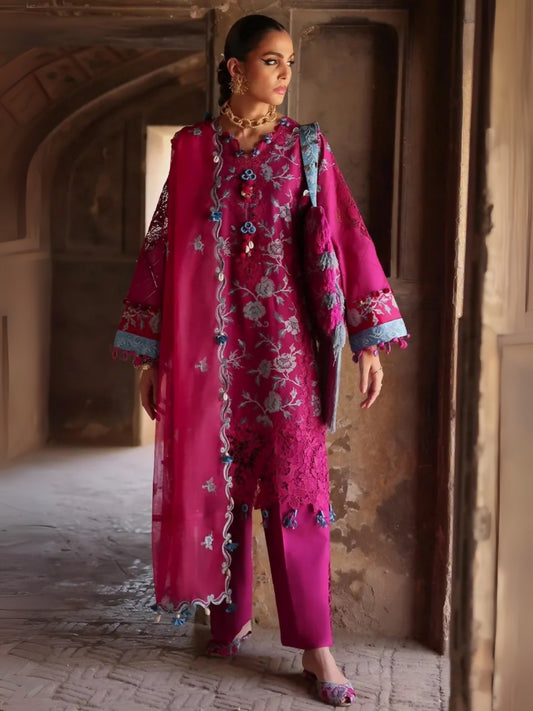 Unstitched 3-piece suit with embroidered lawn shirt and lace neckline, khaddi net dupatta with ivory floral embroidery, and dyed cambric trouser.