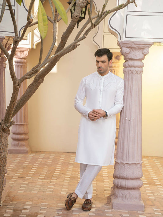 Off-White Fabrich Men Embroidered Unstitched Cotton Shalwar Kameez-GTS-MCE-033