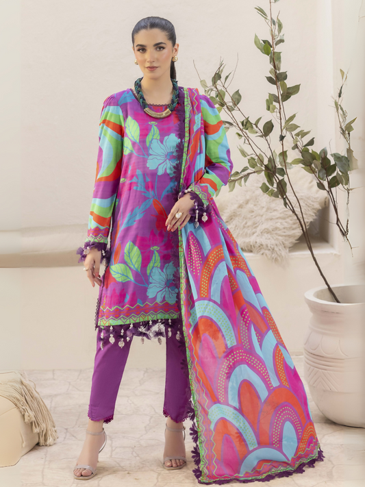 Girl standing wearing an unstitched 3-piece suit with premium digital printed slub lawn shirt, digital printed pure voile dupatta, and dyed cotton trouser, designed for comfortable and vibrant summer wear.