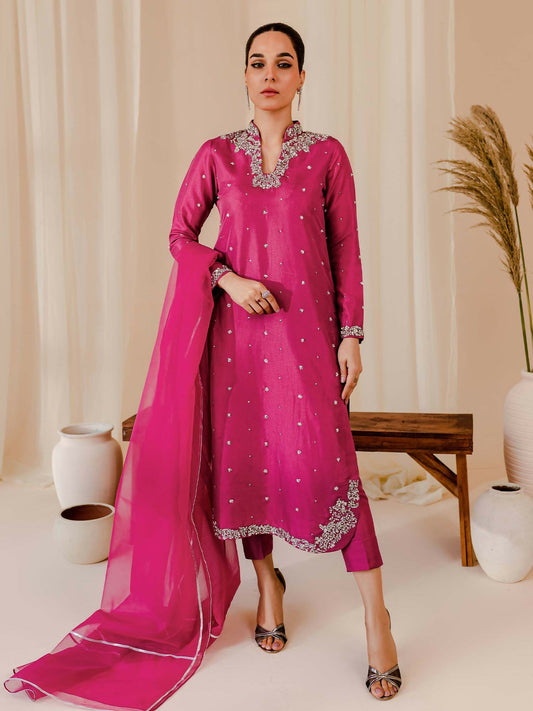 Allure By IH Raw Silk Embellished Stitched 3-Piece Suit-Rosette