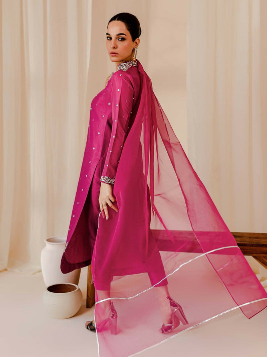 Allure By IH Raw Silk Embellished Stitched 3-Piece Suit-Rosette