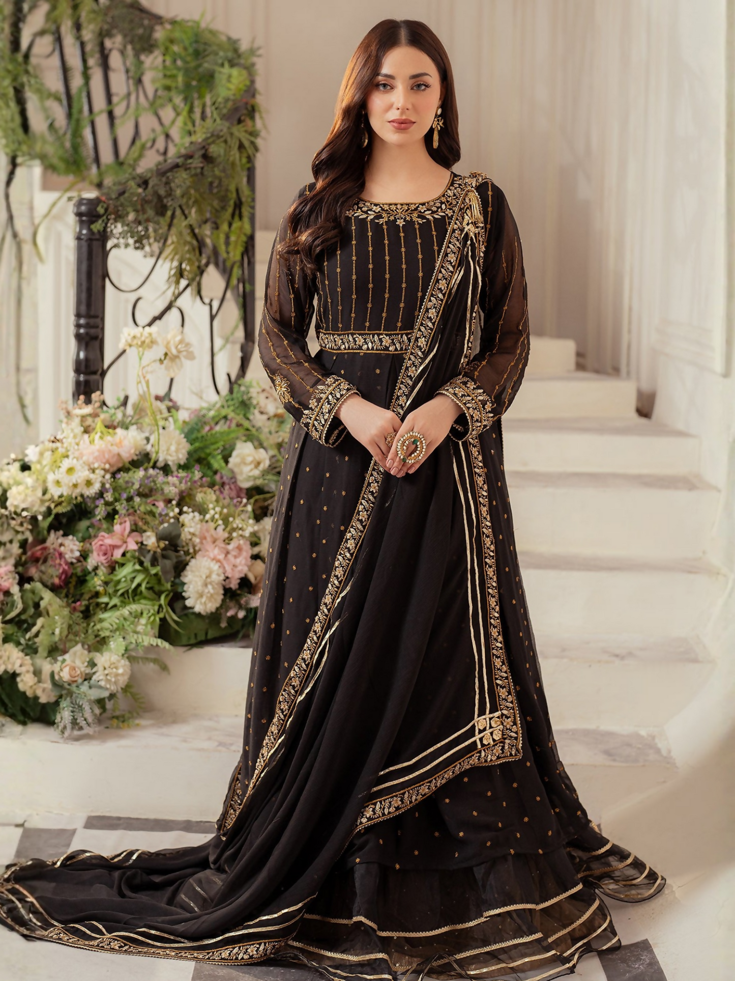 Panache Apparel Chiffon Embroidered Stitched 3-Piece Suit-Nightfall