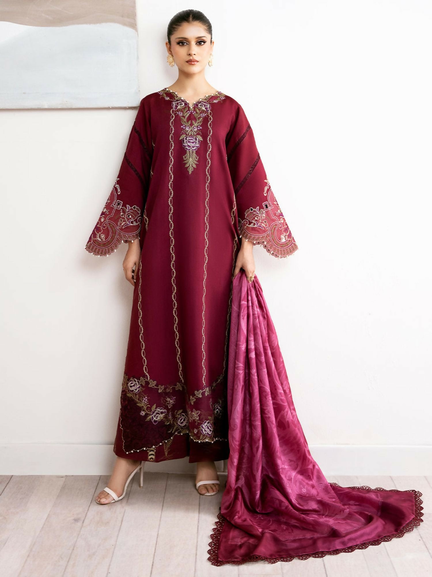 Bin Ilyas unstitched 3-piece suit with dyed lawn embroidered front, embroidered organza motifs, digital printed dupatta, and digital printed cotton trouser