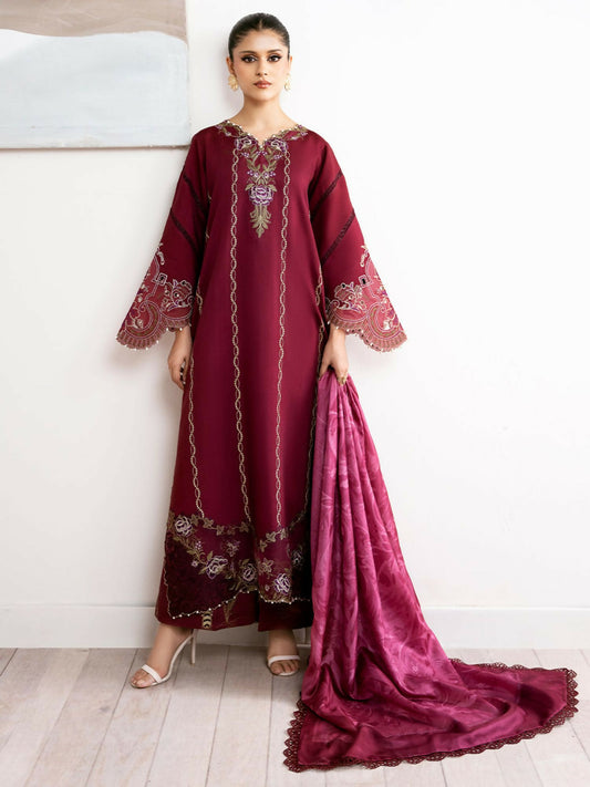 Bin Ilyas unstitched 3-piece suit with dyed lawn embroidered front, embroidered organza motifs, digital printed dupatta, and digital printed cotton trouser