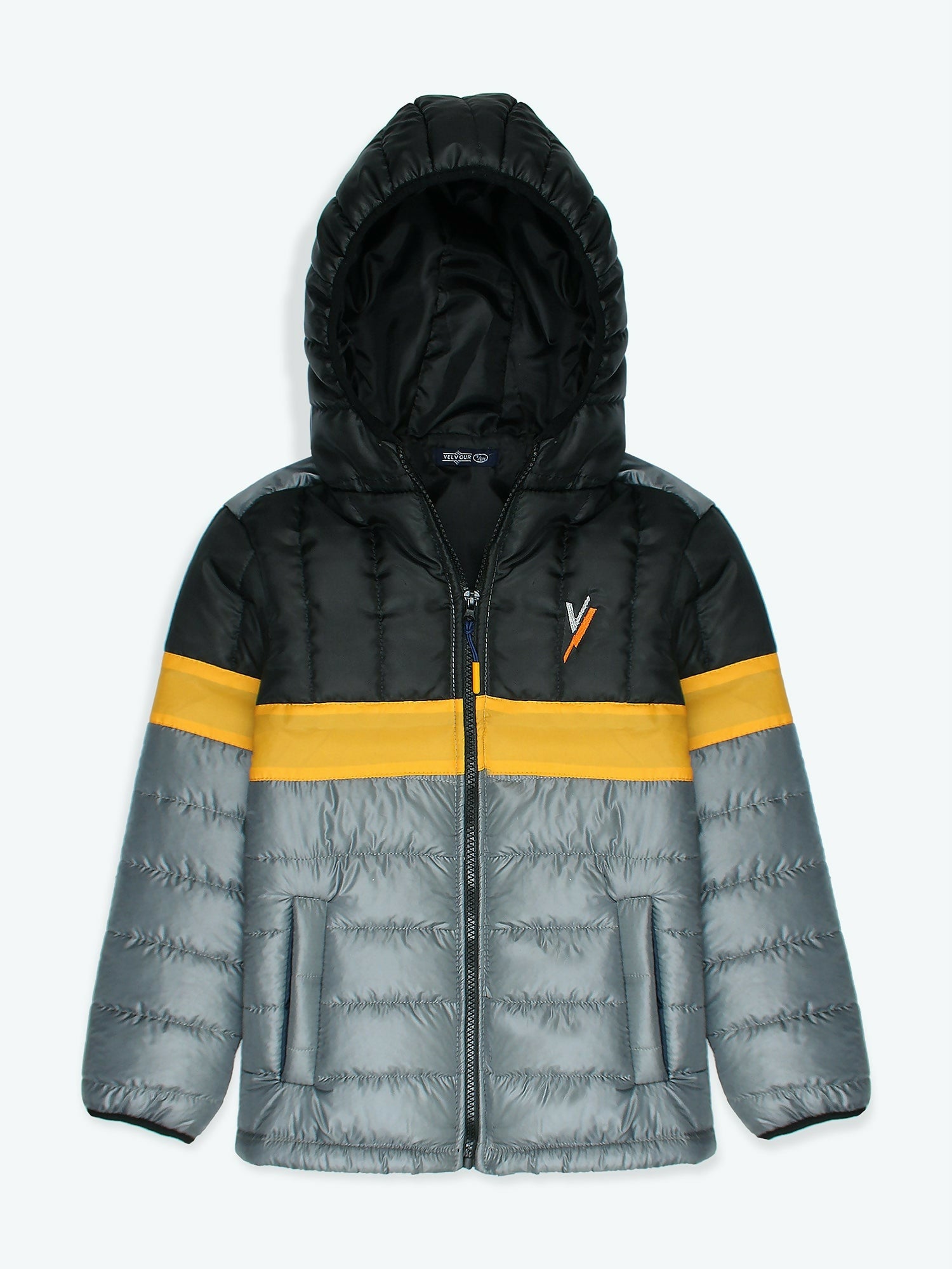 Black , Yellow and Grey Velvour Printed Puffer Jacket-VJ012-C