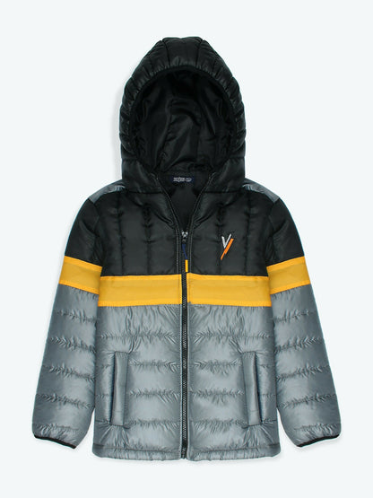Black , Yellow and Grey Velvour Printed Puffer Jacket-VJ012-C