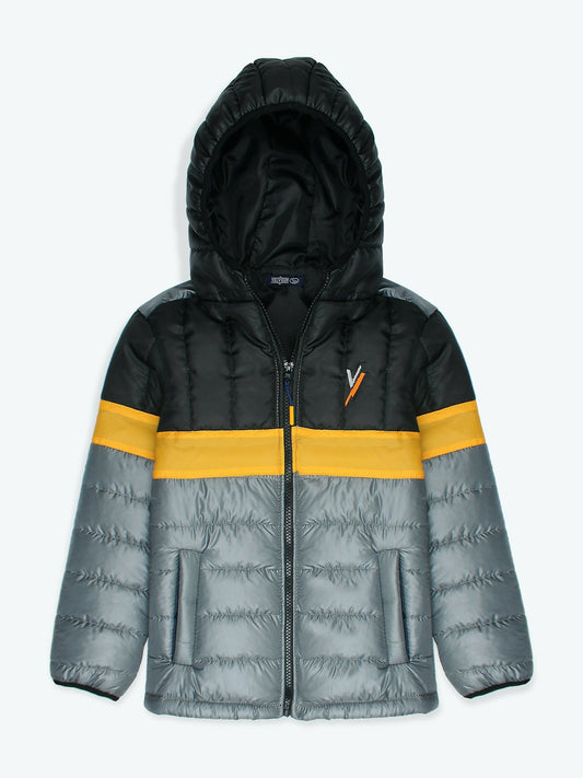 Black , Yellow and Grey Velvour Printed Puffer Jacket-VJ012-C