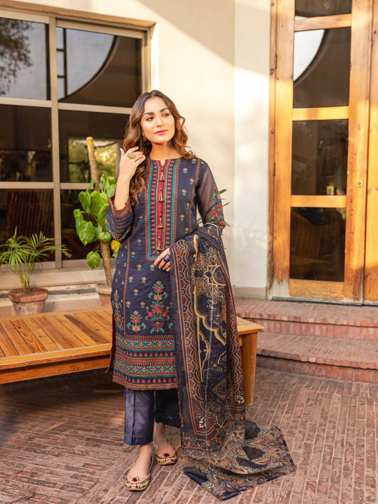 Panache Apparel Cotton Net Embroidered Stitched Suit-Bluebell